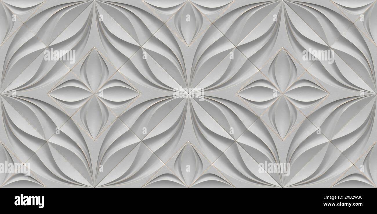 Diese nahtlose 3D-Tapete besticht durch ein raffiniertes Design aus ineinandergreifenden, herzförmigen Blumen in sanften Grautönen, die mit zartem goldenem Li hervorgehoben werden Stockfoto