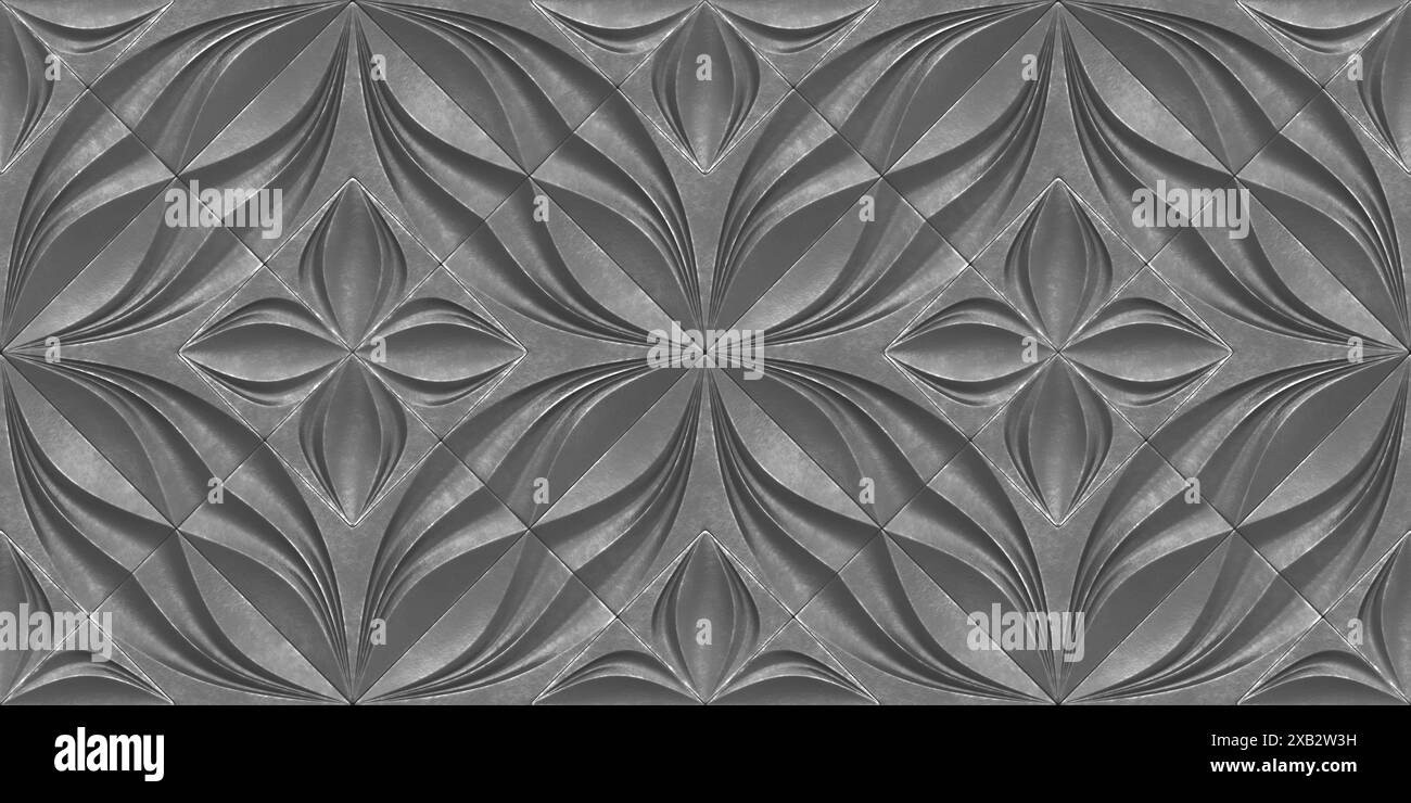 Diese 3D-Tapete verfügt über ein elegantes monochromes Muster aus herzförmigen Blumen, ideal für anspruchsvolle Themen der Inneneinrichtung, die nahtlose Textur e Stockfoto