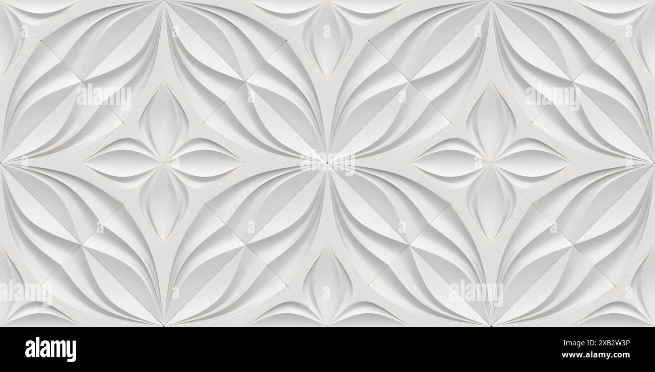 Diese nahtlose 3D-Tapete präsentiert ein raffiniertes, herzförmiges Blumenmuster in weichem weiß mit zarten goldenen Linien, perfekt für eine ruhige Atmosphäre Stockfoto