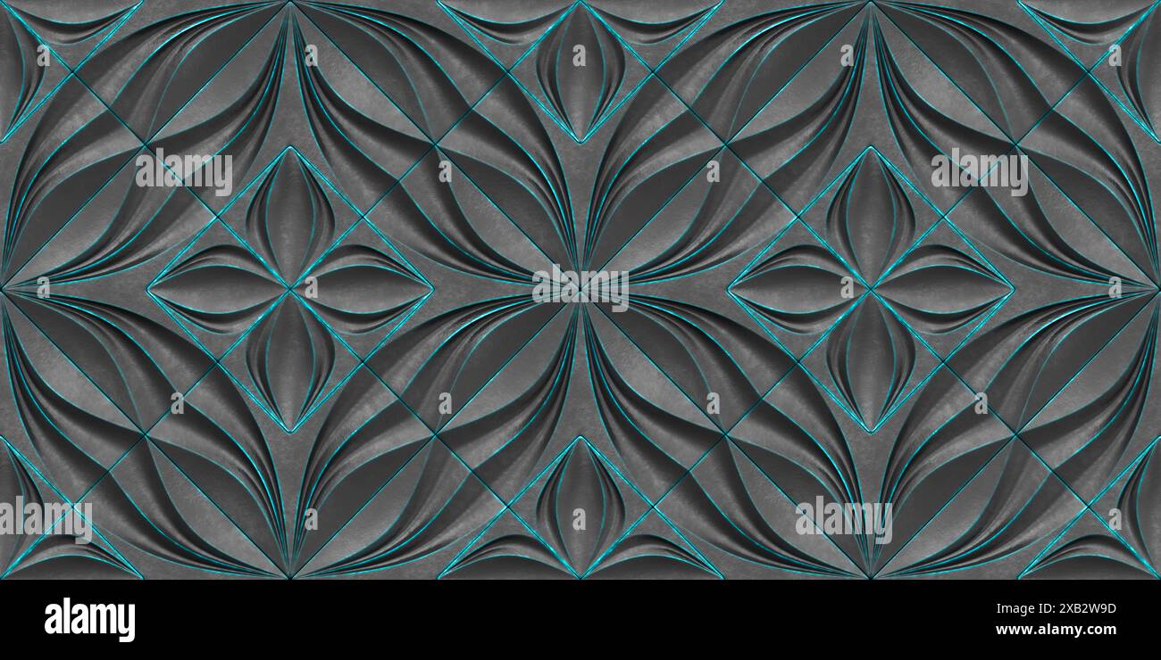 Diese 3D-Tapete zeigt ein raffiniertes Design mit symmetrischen Herzblumen, die von geometrischen Linien in Grau und leuchtendem Petrol eingerahmt werden Stockfoto