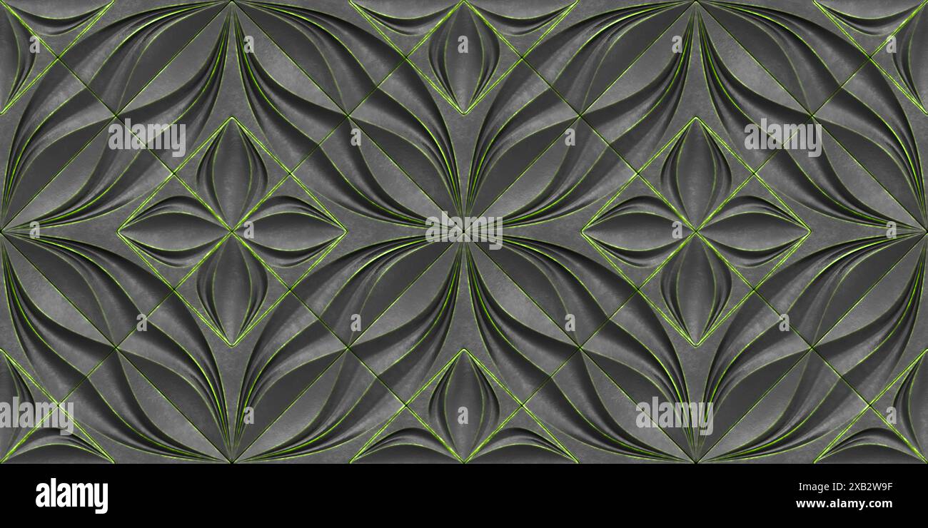 Elegante 3D-Tapete mit symmetrischen, herzförmigen Blumenmotiven in Grautönen mit dezenten grünen Akzenten jedes florale Element ineinandergreifend Stockfoto