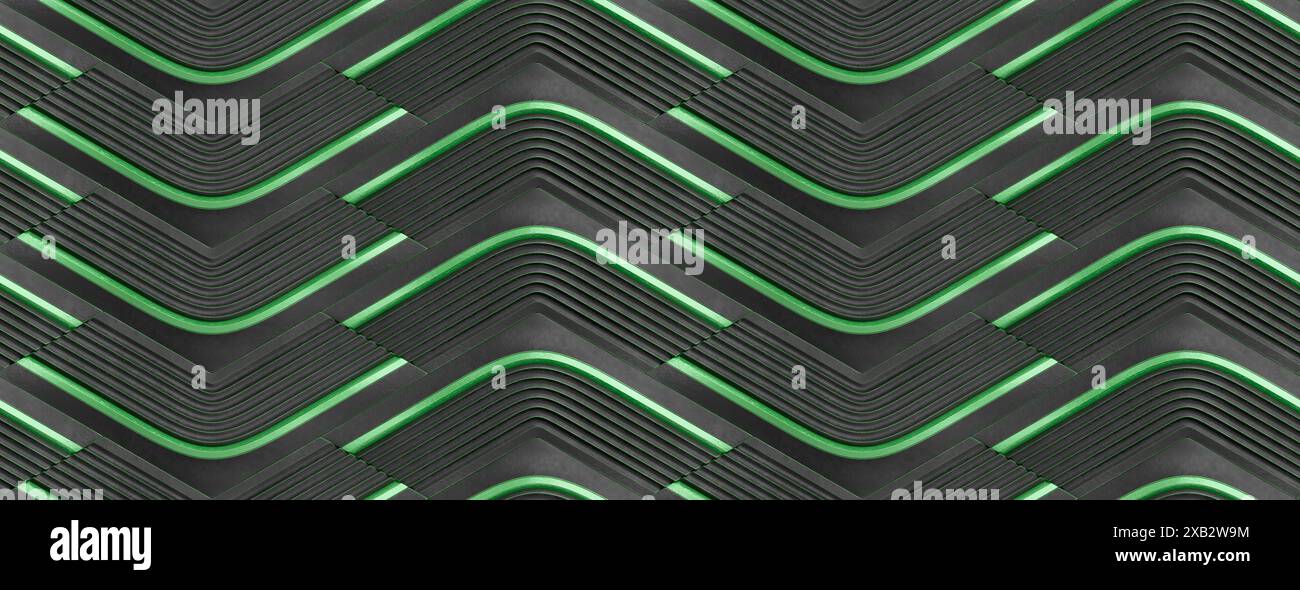 Dieses Bild verfügt über ein sich wiederholendes geometrisches 3D-Design, das sich aus ineinandergreifenden grünen und schwarzen Linien zusammensetzt und sich ideal als Hintergrund oder Textur in verschiedenen Bereichen eignet Stockfoto