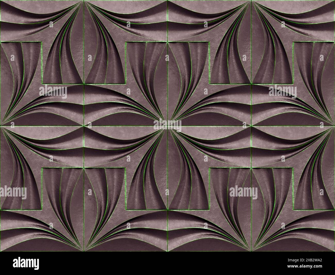 Diese raffinierte Tapete zeigt ein 3D-Herzmotiv in satten Violett- und Grüntönen und schafft eine luxuriöse und raffinierte Dekoration Stockfoto