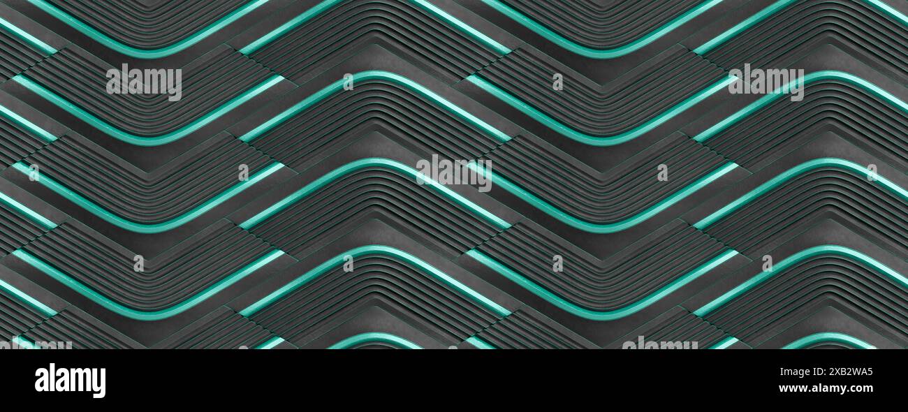 3D-Wallpaper in Form von schwarzen Reliefmodulen mit blauen Farbabschrammen an den Kanten und dekorativen Elementen hochwertige nahtlose, realistische Textur Stockfoto