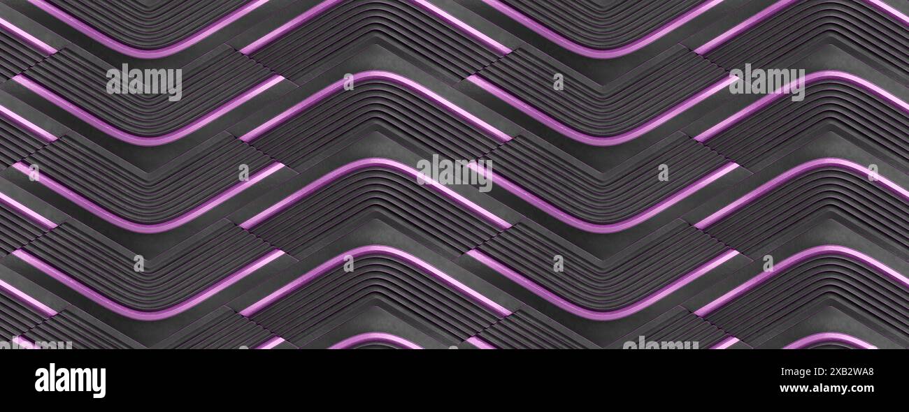 Ein dynamisches, abstraktes 3D-Design mit geometrischen Schichten in Schwarz und Violett, das ein modernes und stilvolles Muster schafft, das Bewegung vermittelt Stockfoto