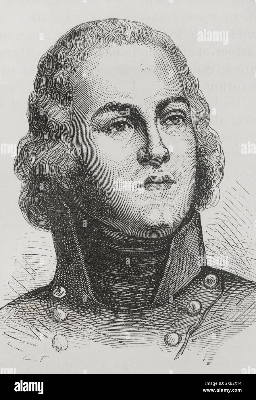 Lazare Hoche (Louis Lazare Hoche) (1768-1797). Französischer General der Ersten Französischen Republik. Er nahm an den Französischen Unabhängigkeitskriegen Teil. Hochformat. Gravur. "Geschichte der Französischen Revolution". Band I, 1876. Stockfoto