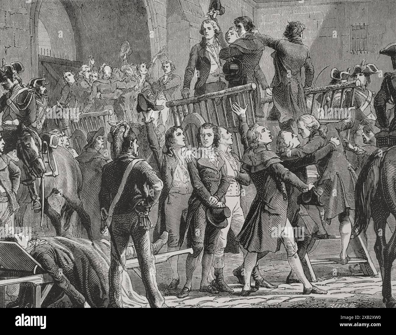 Französische Revolution. Prozess der 21 Girondin-Abgeordneten, die vor dem Revolutionsgericht (vom 3. Bis 9. Brumaire, Jahr II; 24. Bis 30. Oktober 1793) gestellt wurden. Sie wurden alle zum Tode verurteilt und am 10. Brumaire, Jahr II (31. Oktober 1793) guillotiniert. Girondins wurden zum Tode verurteilt, weil sie das Gefängnis verließen, weil sie patriotische Lieder singen. Gravur von Bure. "Geschichte der Französischen Revolution". Band I, 1876. Stockfoto