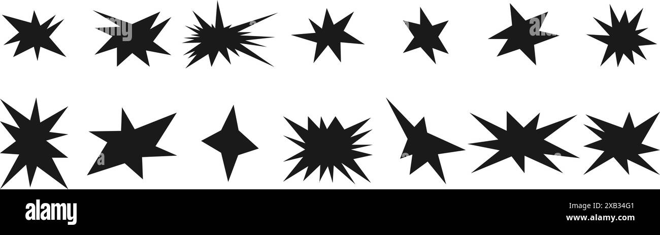 Set aus trendigen, unregelmäßigen Sternen und funkelnden Glitzern. Einfache abstrakte Elemente mit Doodle. Vektorabbildung Stock Vektor