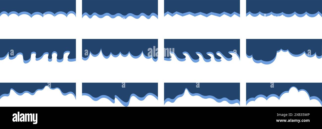 Set von Formvorlagen für Trennelemente. Moderne Trennleiste für Website und App. Kurvenlinien, Wave-Kollektion abstrakter Designelemente für Top und Bott Stock Vektor