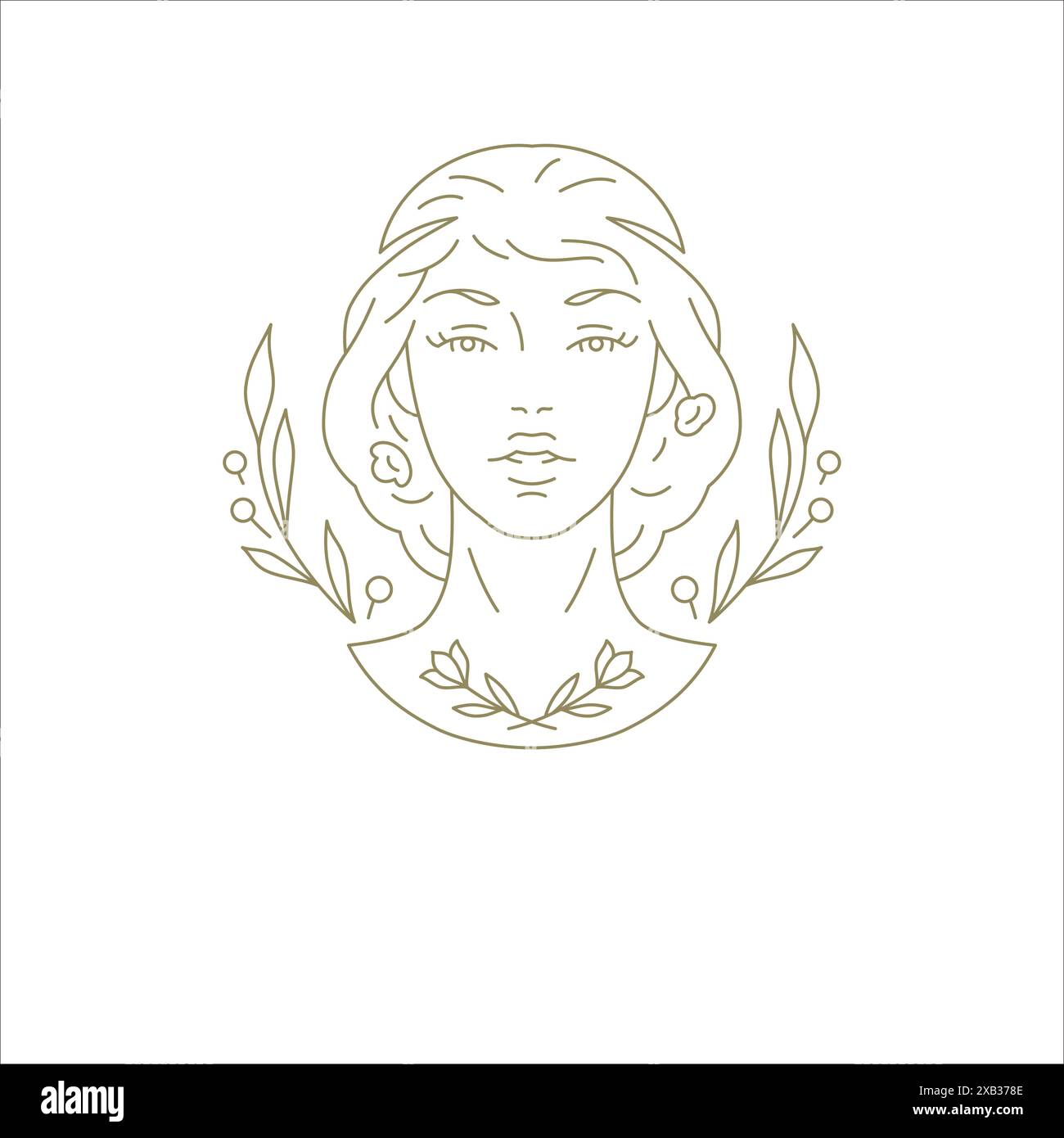 Schönheit elegante antike Göttin florale Frau Gesicht Hand gezeichnet goldene lineare Logo Vektor Illustration. Botanisches Frauenporträt mit Ast Leaves Minim Stock Vektor