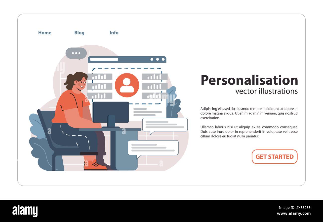 Personalisierung im digitalen Plattformkonzept. Frau am Computer passt die Benutzerprofileinstellungen auf einer Webseite an, um die Bereitstellung maßgeschneiderter Inhalte zu verbessern. Fokus auf individuelle Benutzererfahrung. Vektorabbildung Stock Vektor