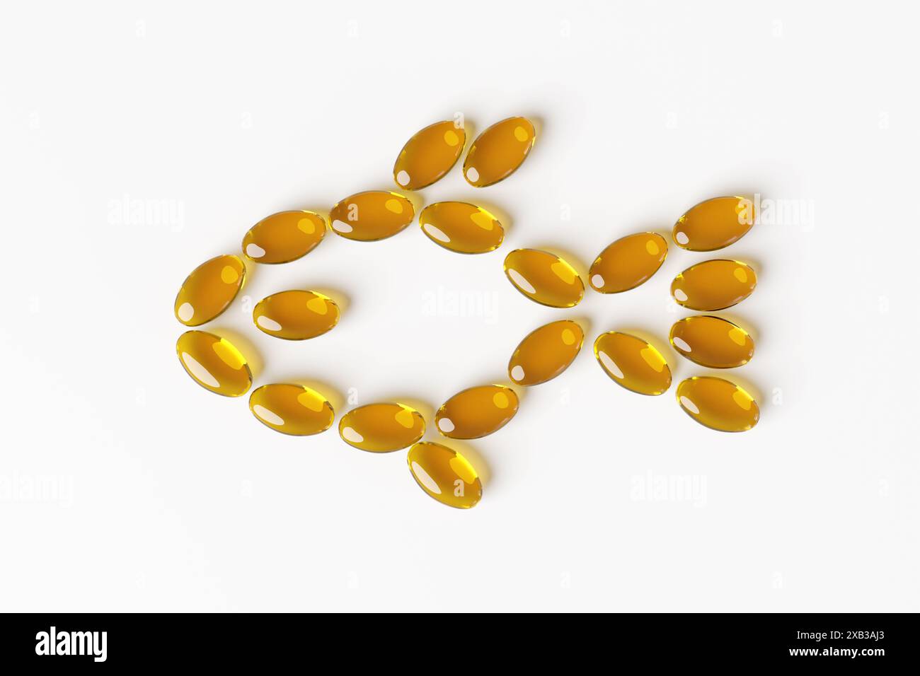 Orange gelbe Fischöl-Weichgel-Kapseln, die die Form eines Fisches auf weißem Hintergrund bilden. Konzept von Omega-3, Vitaminen und Nährstoffergänzung Stockfoto