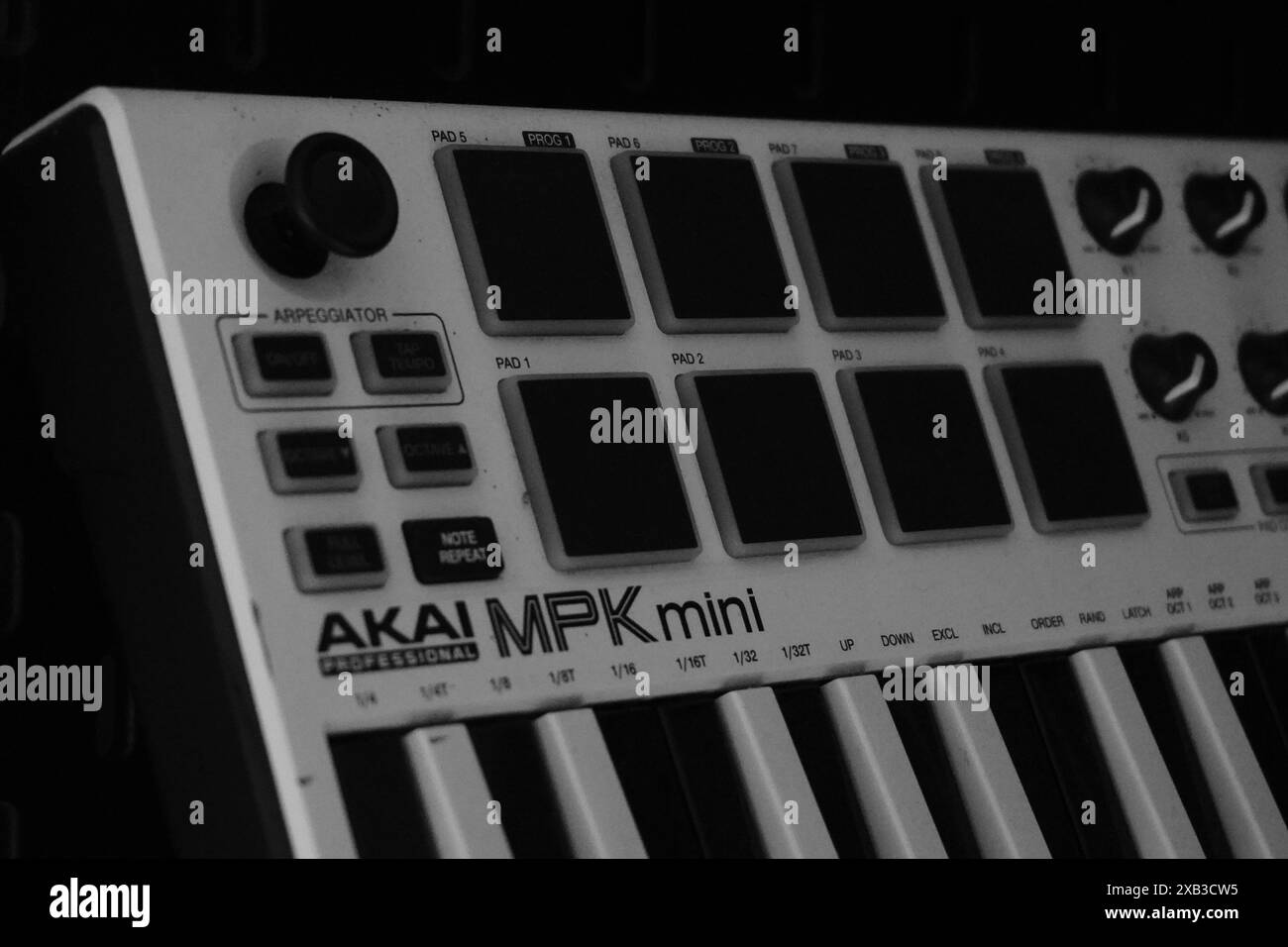 Die Tasten am Akai MPK Mini Midi-Controller sind schwarz-weiß. Wird zur Musikproduktion verwendet Stockfoto