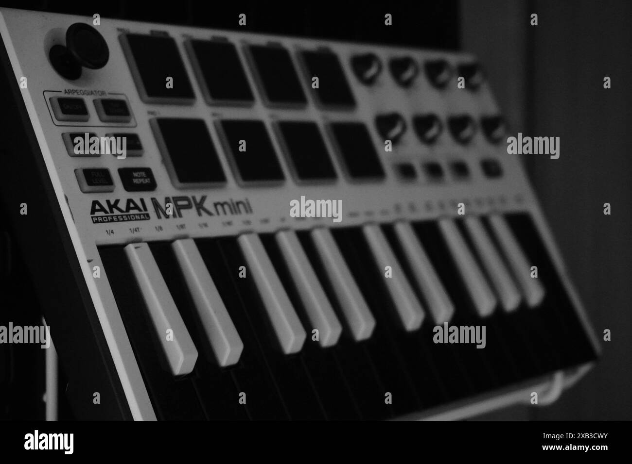 Die Tasten am Akai MPK Mini Midi-Controller sind schwarz-weiß. Wird zur Musikproduktion verwendet Stockfoto