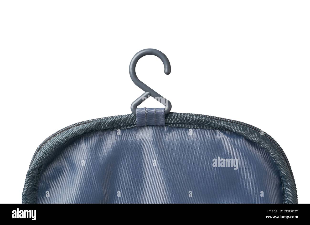 Nahaufnahme von Kunststoffbügel zum Aufhängen von Tasche oder Tasche isolierter weißer Hintergrund, Haken in tragbaren Reisetoiletten, Kosmetik- oder Waschtaschen Stockfoto