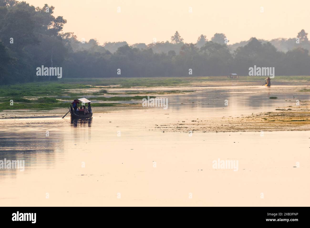 Boot auf See in der Nähe von Bäumen Stockfoto