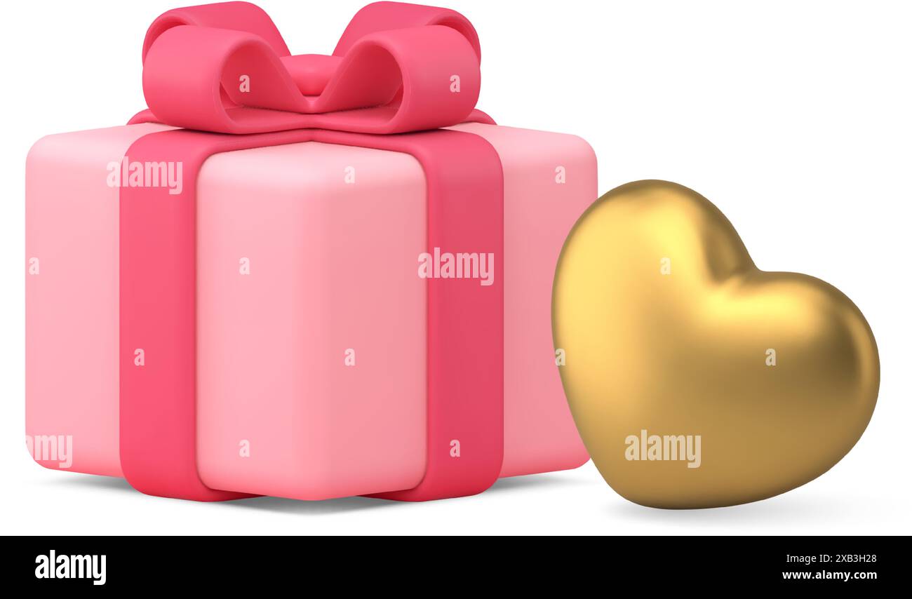 Präsentieren Sie rosa Paket mit goldenem Herz Valentinstag Glückwunsch 3D Icon realistische Vektor Illustration. Geschenkbox mit Schleife und romantischem Feiertagsjubiläum Stock Vektor