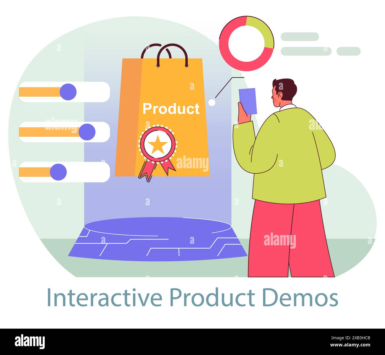 Immersives Marketingkonzept. Kundeninteraktion mit interaktiver Produktvorführung und Präsentation innovativer Werbestrategie. Vektorabbildung. Stock Vektor