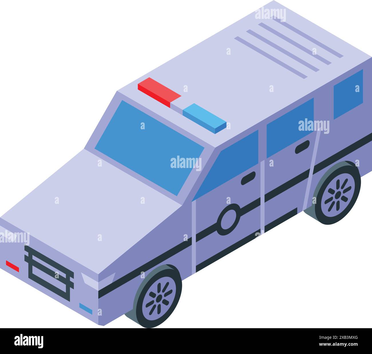 Isometrisches Polizeiauto auf weißem Hintergrund mit roten und blauen Blinklichtern Stock Vektor