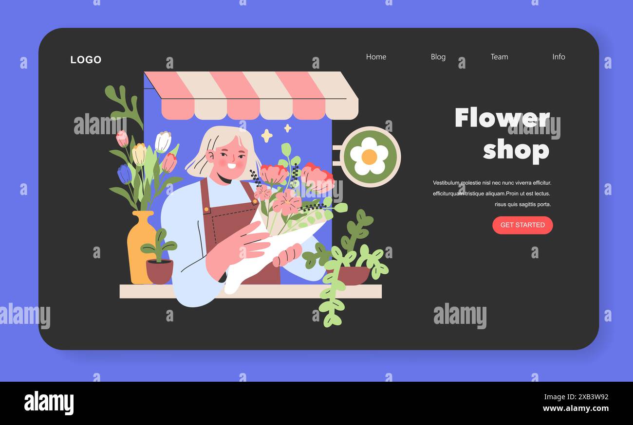 Blühender Florist Shop Ein fröhlicher Florist arrangiert einen Blumenstrauß mit Sorgfalt, umgeben von den lebhaften Farben frischer Blüten in einem malerischen Blumenladen Vektor Illustration Stock Vektor