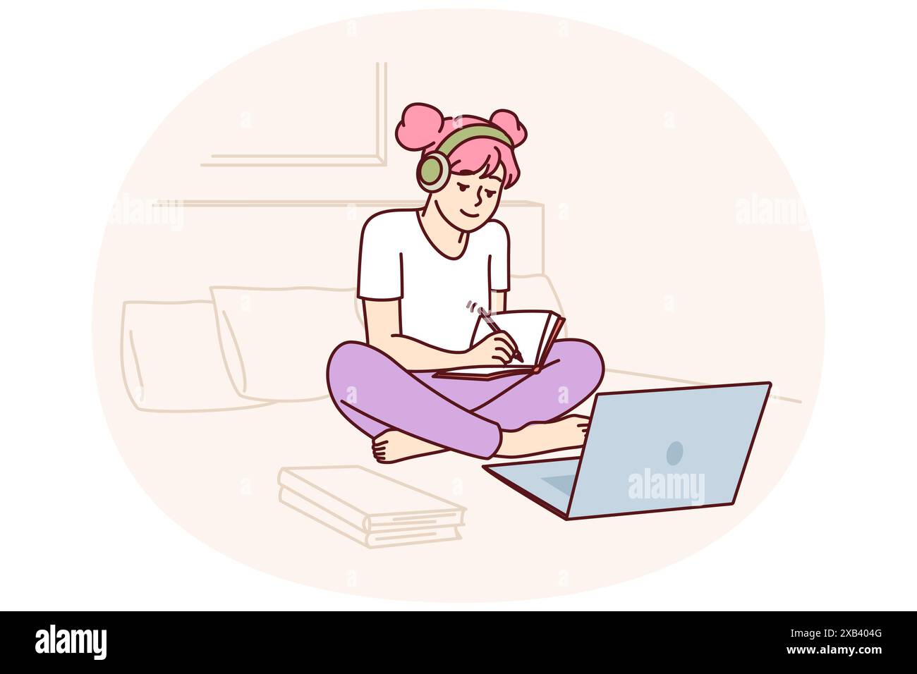 Das Schulmädchen sieht sich ein Webinar auf einem Laptop an, erhält Fernunterricht, sitzt auf dem Bett und macht sich Notizen in einem Arbeitsbuch. Mädchen ist an Selbstunterricht beteiligt und sieht sich Webinare und informative Videos an Stock Vektor