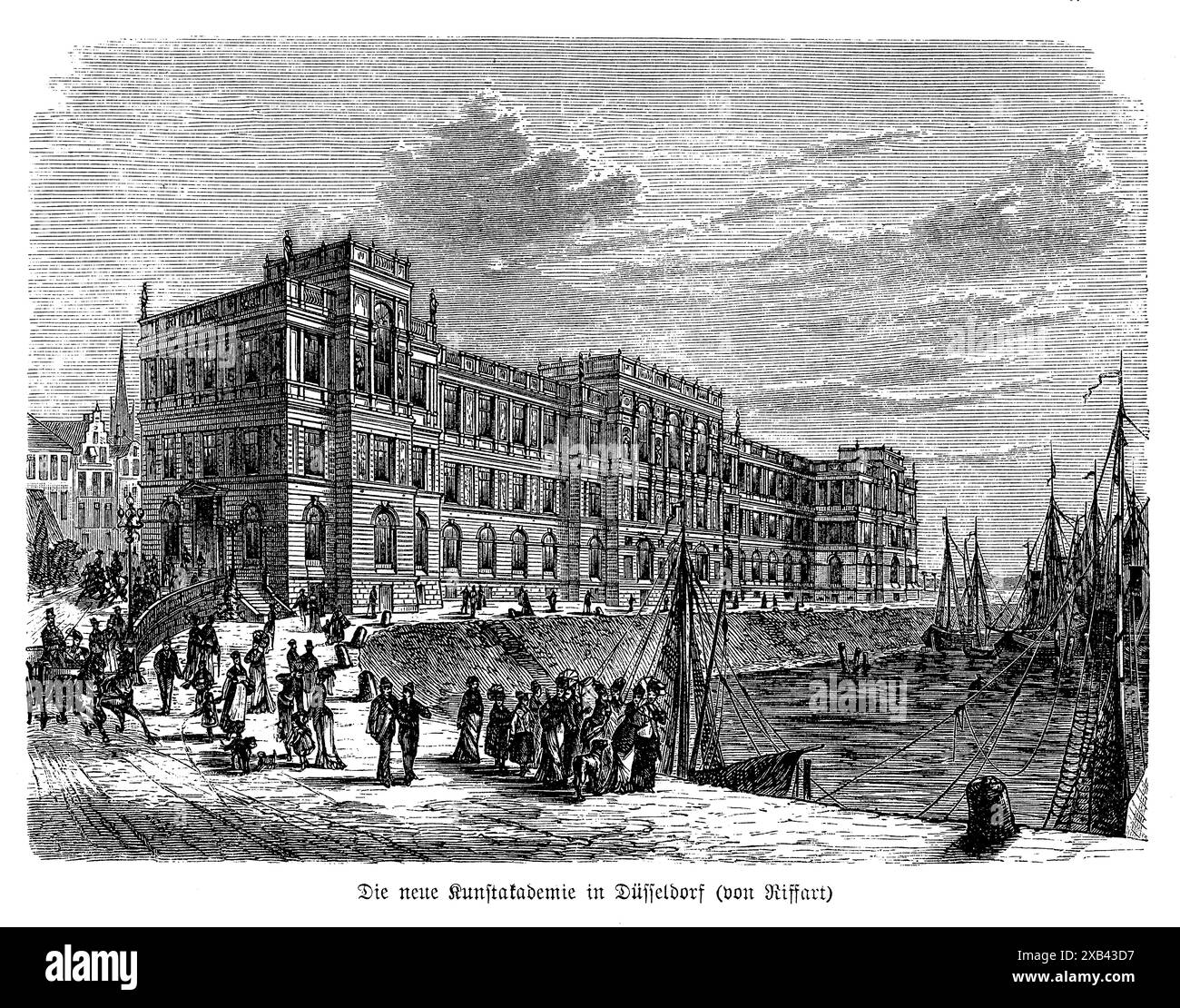 Die Kunstakademie Düsseldorf, entworfen vom Architekten Hermann Riffart, ist eine bedeutende Institution der bildenden Kunst in Deutschland, deren Ursprünge bis ins frühe 18. Jahrhundert zurückreichen. Das Gebäude, das Ende des 19. Jahrhunderts erbaut wurde, ist ein Beispiel für historizistische Architektur, die Elemente der Neorenaissance und der Neogotik verbindet. Die große Fassade ist mit aufwändigen Steinarbeiten, kunstvollen Bögen und dekorativen Skulpturen versehen, die den künstlerischen Geist der Akademie widerspiegeln. Die Kunstakademie ist ein zentrales Zentrum für Kunstpädagogik und hat die europäische Kunstszene maßgeblich beeinflusst. Stockfoto