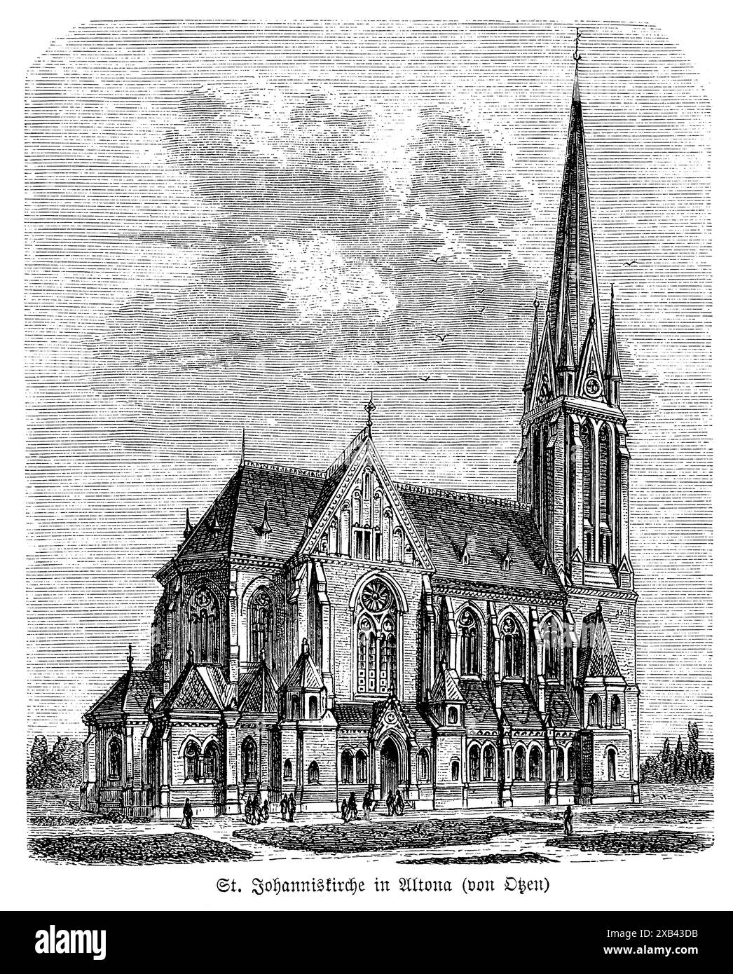 Die St. Johannis Kirche in Altona, entworfen vom Architekten Johannes Otzen, ist ein bemerkenswertes Beispiel neogotischer Architektur. Die 1873 fertiggestellte Kirche ist ein Zeugnis von Otzens architektonischer Vision und der Wiederbelebung gotischer Elemente aus dem 19. Jahrhundert. Das Gebäude verfügt über eine markante Fassade mit Spitzbögen, detaillierten Steinschnitzereien und einem imposanten Turm, der die Skyline dominiert. Im Inneren verfügt die Kirche über komplizierte Buntglasfenster und einen wunderschön gefertigten Altar. Die Johanniskirche ist ein bedeutendes religiöses und kulturelles Wahrzeichen Hamburgs und spiegelt die reiche Architektur der Stadt wider Stockfoto