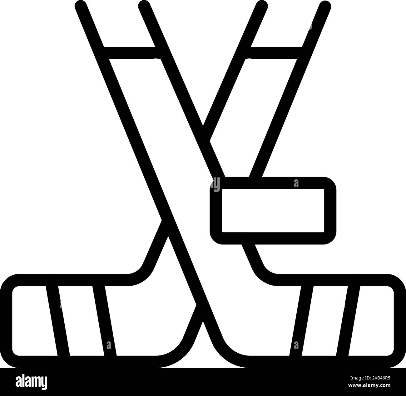 Line Art Ikone von zwei Eishockeystöcken, die mit Schutzhülle überkreuzt sind und Sportausrüstung darstellen Stock Vektor