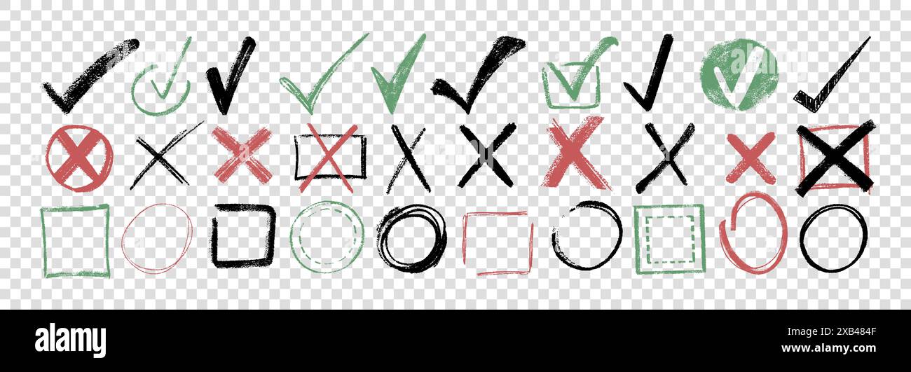 Kritzele Hand gezeichnete Kreide Häkchen gesetzt. Checklisten-Symbole, Kontrollkästchen für Skizzen, Häkchen- und Kreuzsymbole. Markierungselement für Buntstifte. Farbkorrektur oder falsche Markierungen auf transparentem Hintergrund Stock Vektor