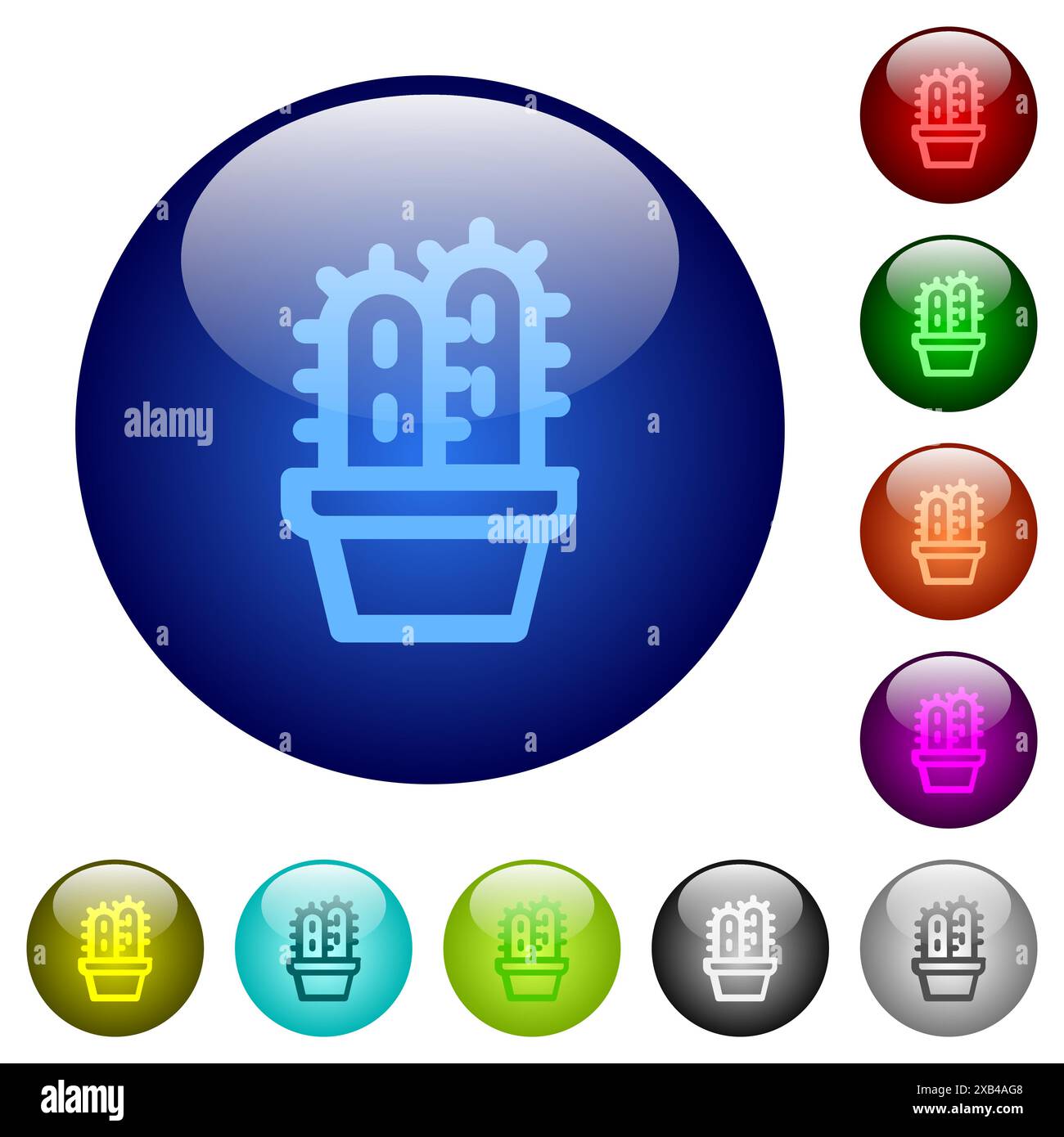 Vergossene Kakteen umranden Symbole auf runden Glasknöpfen in mehreren Farben. Angeordnete Ebenenstruktur Stock Vektor