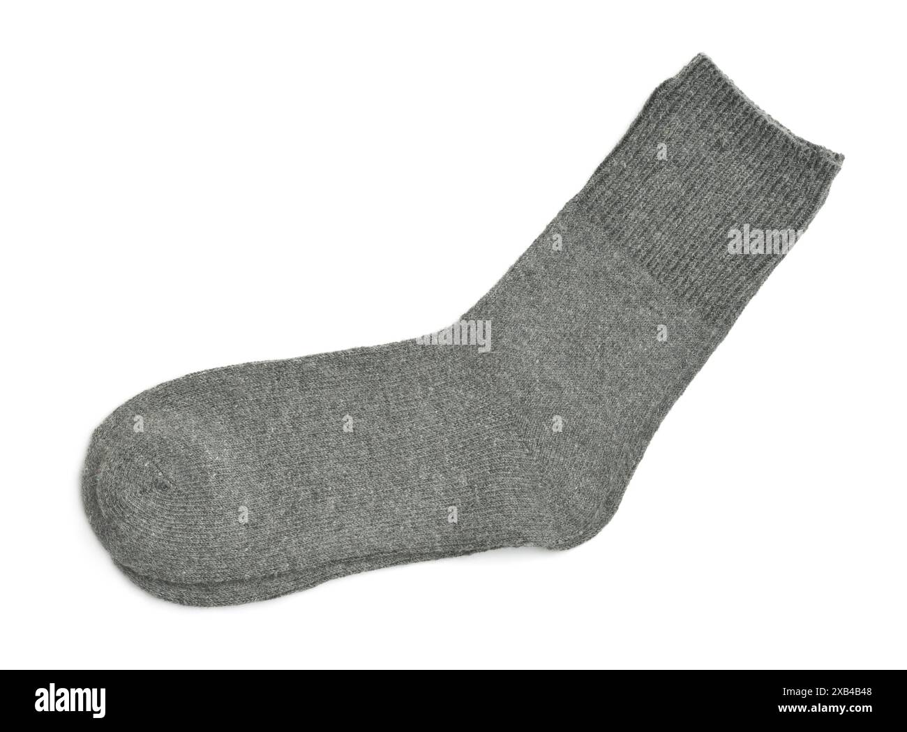 Seitenansicht grauer Wollsocken isoliert auf weiß Stockfoto