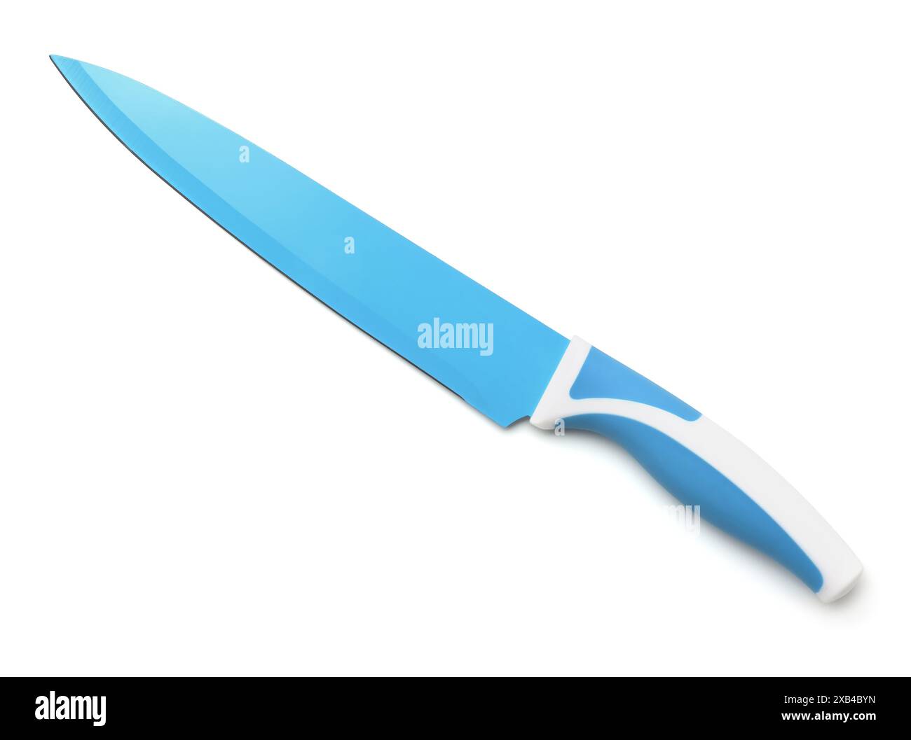 Blick von oben auf blaues Küchenmesser isoliert auf weiß Stockfoto