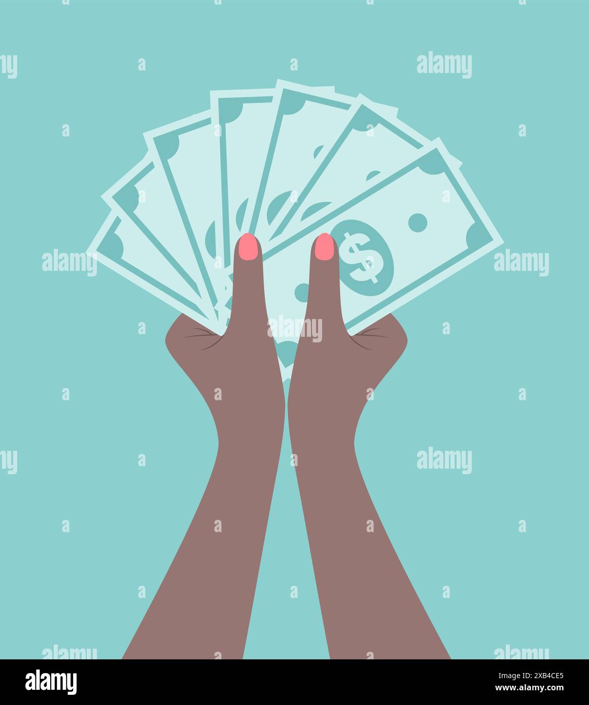 Hände einer schwarzen Frau, die einen Stapel Dollar-Banknoten hält. Illustration des flachen Vektors Stock Vektor