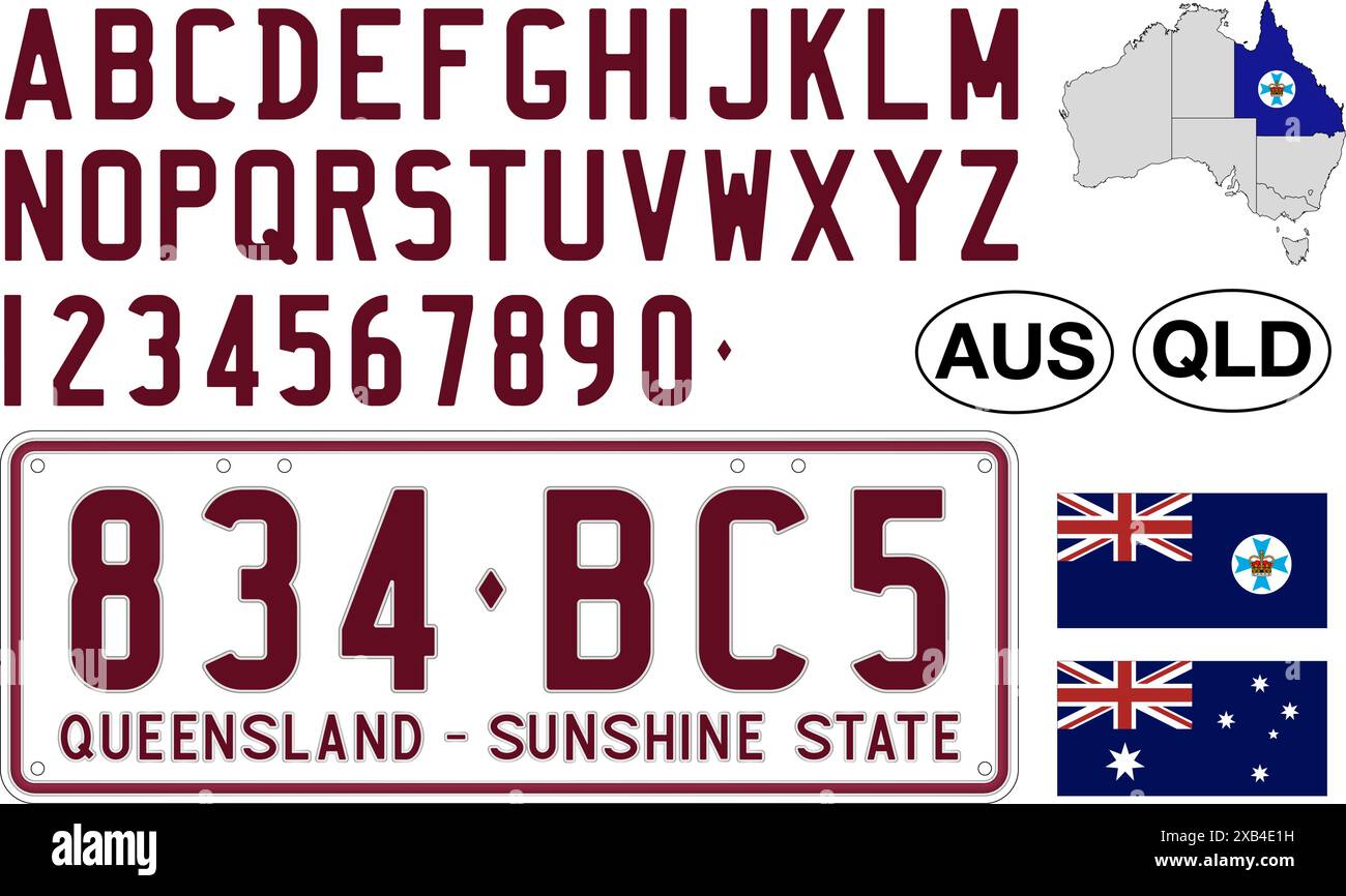 Queensland Autokennzeichen Muster, Buchstaben, Zahlen und Symbole, Vektorillustration, Australien Stock Vektor