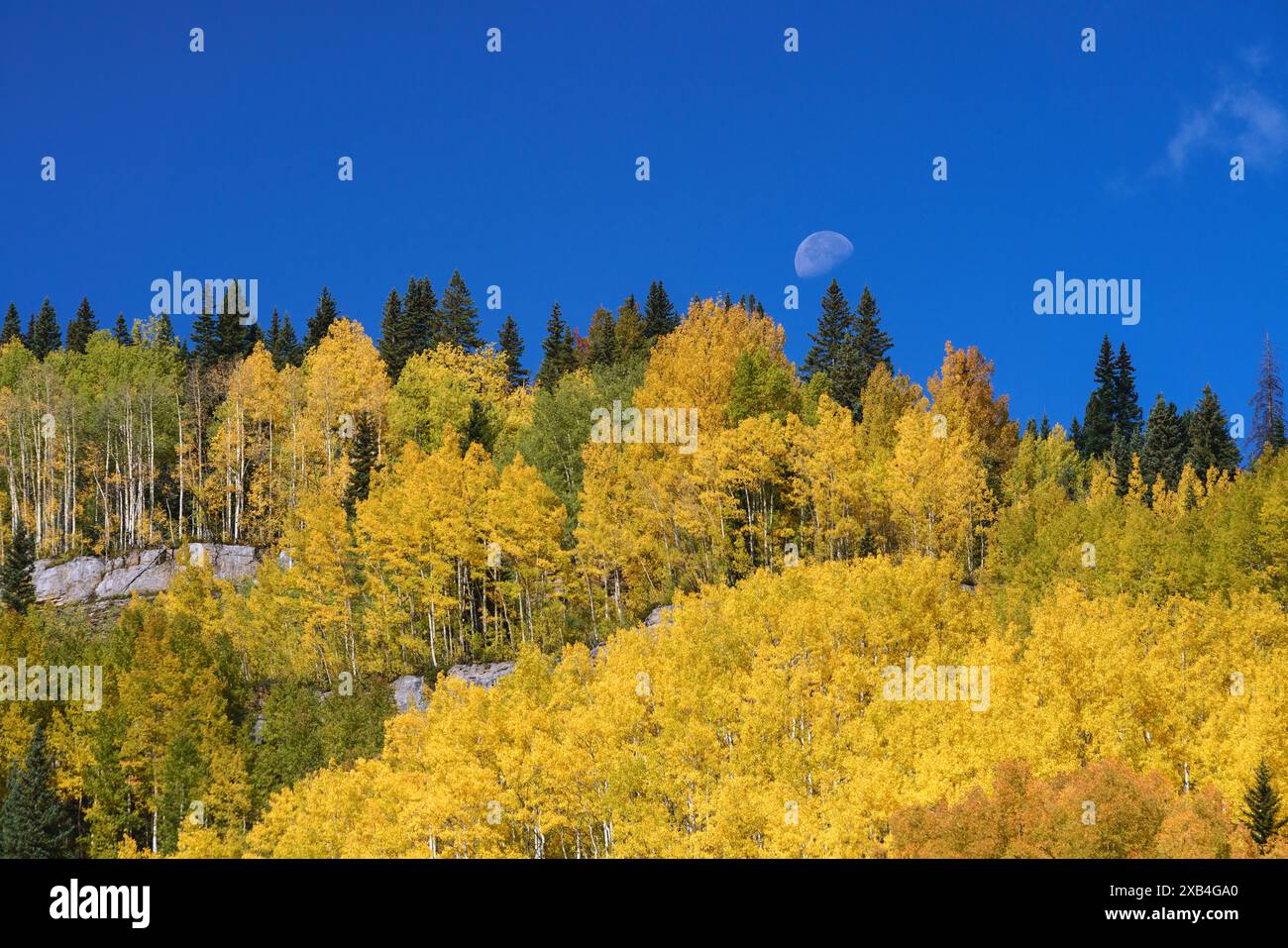 Der Mond untergeht über einer bunten Berglinie entlang des Million Dollar Highway in Colorado Stockfoto