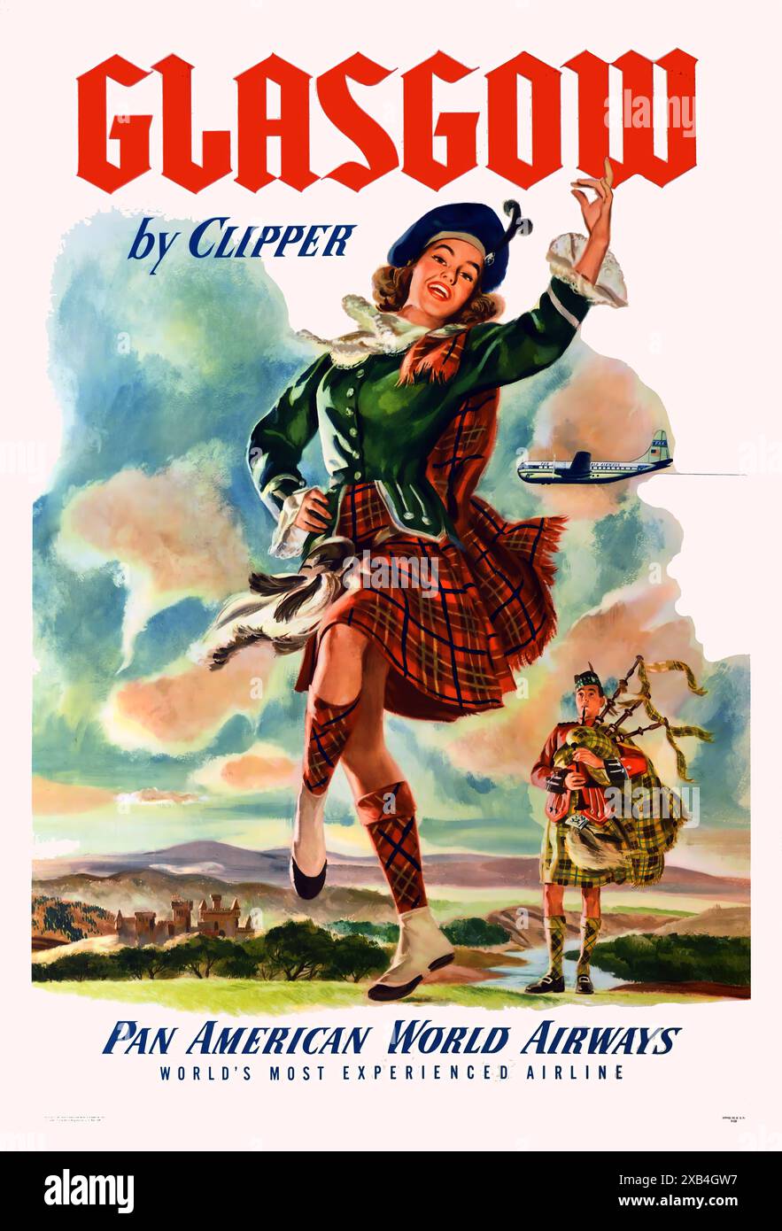 Glasgow mit Clipper, Pan American World Airways. - Vintage-Reiseposter Stockfoto