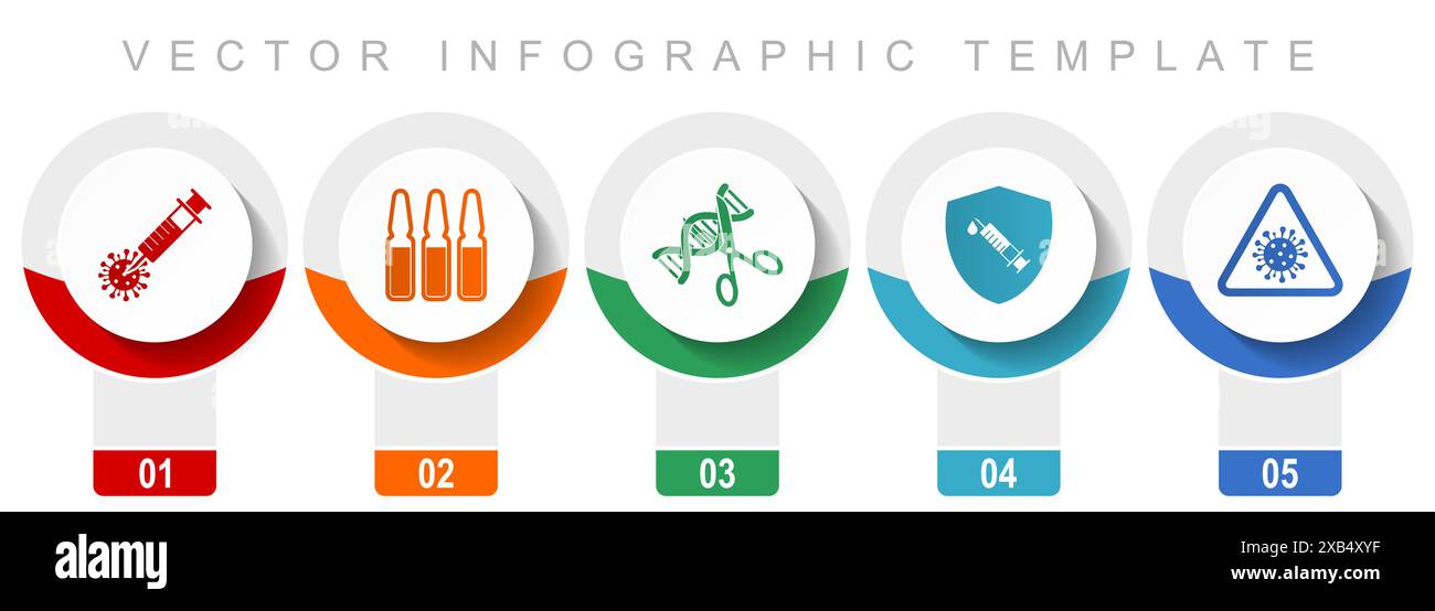 Covid-19 Symbolset, verschiedene Vektorsymbole wie Impfstoff, Ampulle, dna, Shield und Grippe, modernes Design Infografik Vorlage, Web Buttons in 5 Farbe Stock Vektor