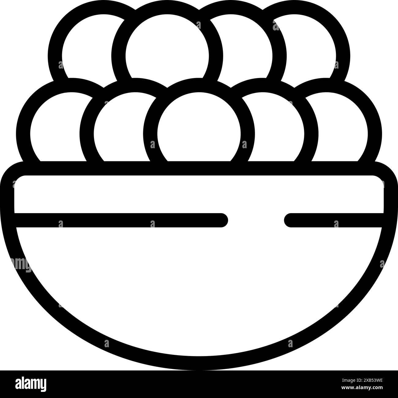 Einfache Linienzeichnung einer Schüssel mit runden Gegenständen, die Fülle und Wohlstand symbolisieren Stock Vektor
