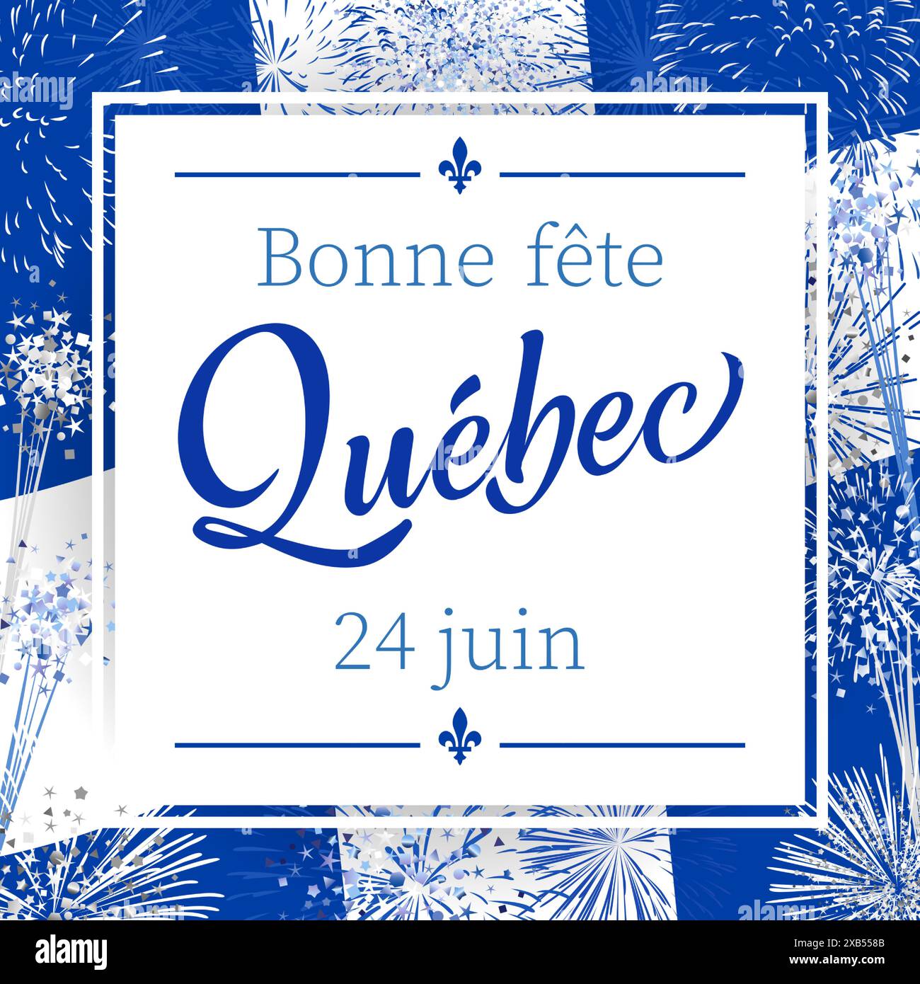 Quadratische Grußkarte „Happy Québec Day“. Übersetzung ist - Happy Holidays Quebec. Festlicher blauer Hintergrund mit realistischem Feuerwerk, schwenkender Flagge Stock Vektor