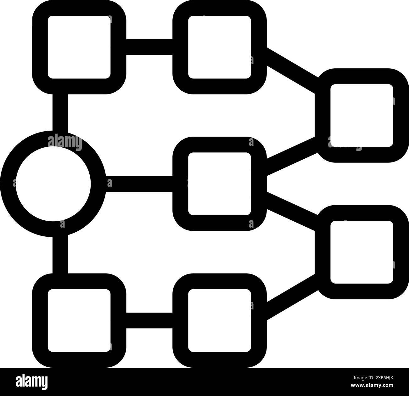 Minimalistisches Flussdiagramm mit miteinander verbundenen quadratischen Blöcken, die eine komplexe Datenstruktur darstellen Stock Vektor