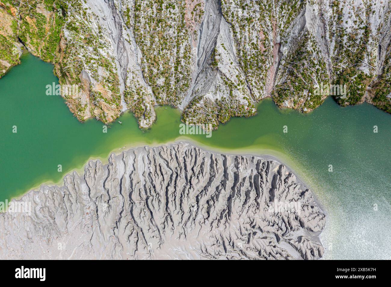 See mit Sandbank und toten Bäumen, Kraterrand des Chaiten-Vulkans, aus der Luft, Patagonien, Chile Stockfoto