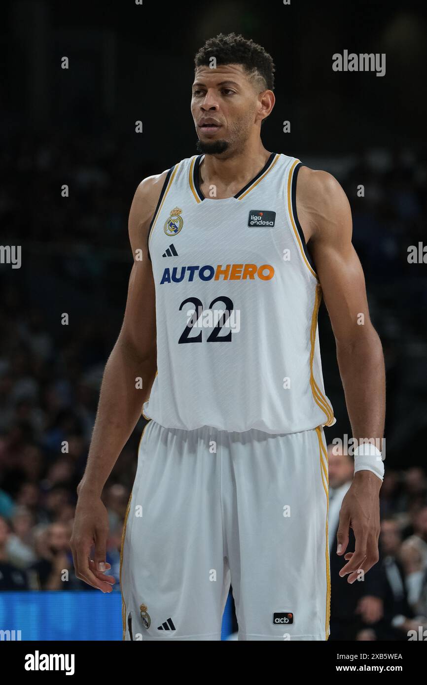 Madrid, Spanien. Juni 2024. Edy Tavares von Real Madrid während des Liga ACB Endesa Final Basketballspiels zwischen Real Madrid und UCAM Murcia am 10. Juni 2024 im Wizink Center in Madrid, Spanien. (Foto: Oscar Gonzalez/SIPA USA) Credit: SIPA USA/Alamy Live News Stockfoto