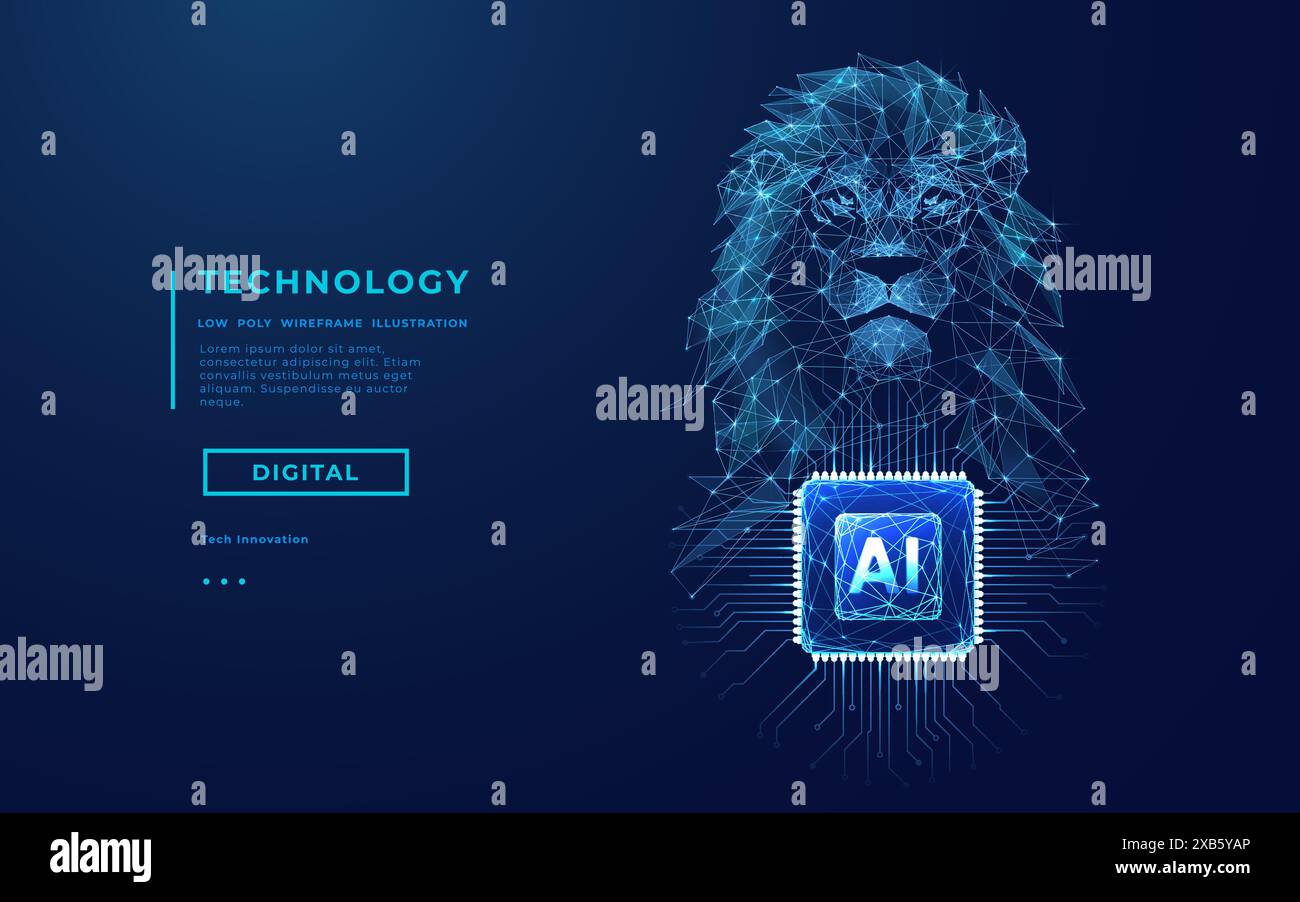 KI-Chip und polygonaler Löwenkopf. Künstliche Intelligenz. Stock Vektor