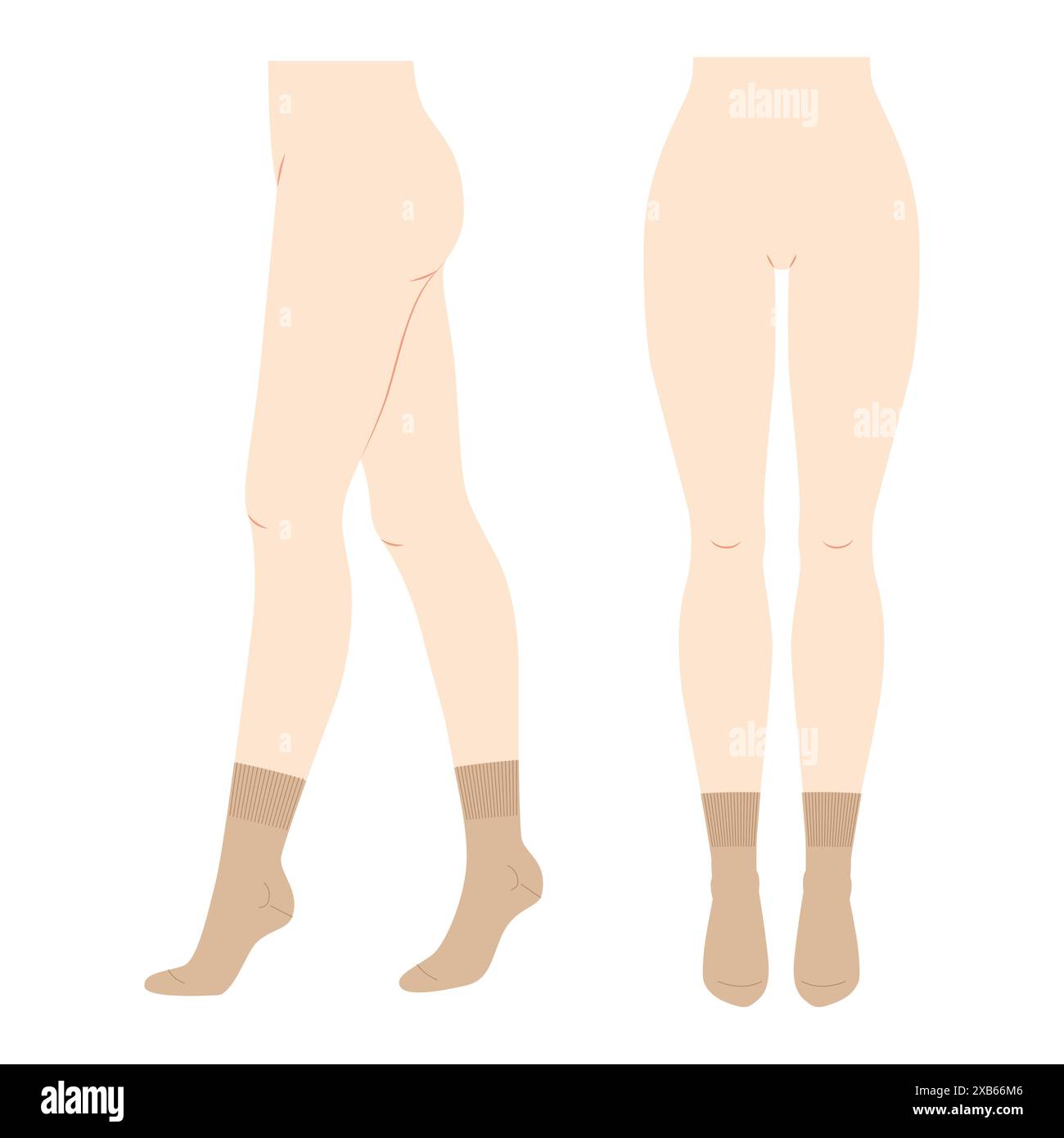 Crew-Socken auf Frauenbeinen. Strumpfwaren Mode Accessoire Kleidung technische Illustration Strumpf. Vektorfront, Seitenansicht, Modellskizze für flache Vorlagen isoliert auf weißem Hintergrund Stock Vektor
