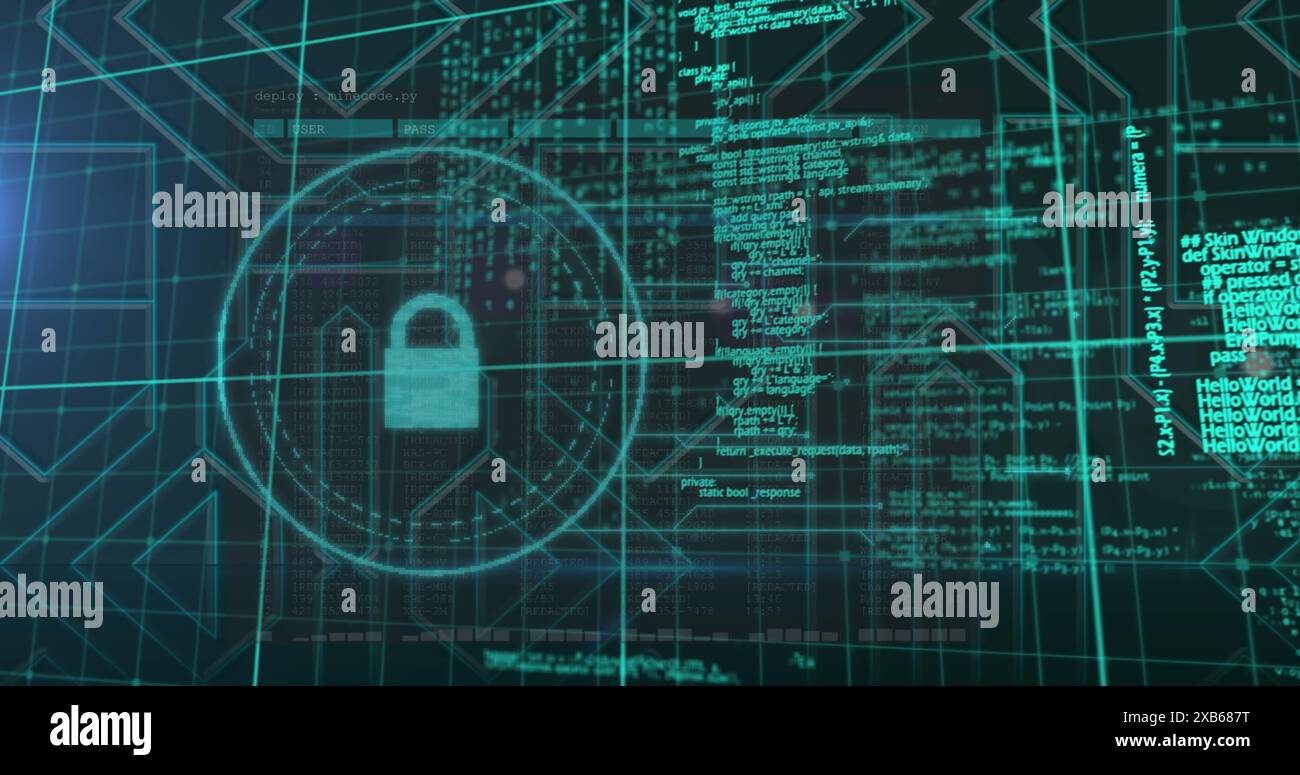 Symbol für digitales Schloss und Code-Overlay für Cybersicherheitskonzepte Stockfoto