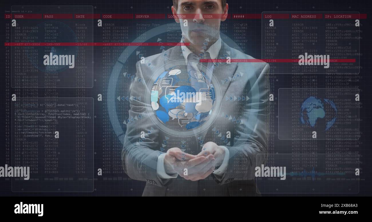 Junger kaukasischer Mann im Anzug, der eine holographische Kugel mit Datenprojektionen hält Stockfoto