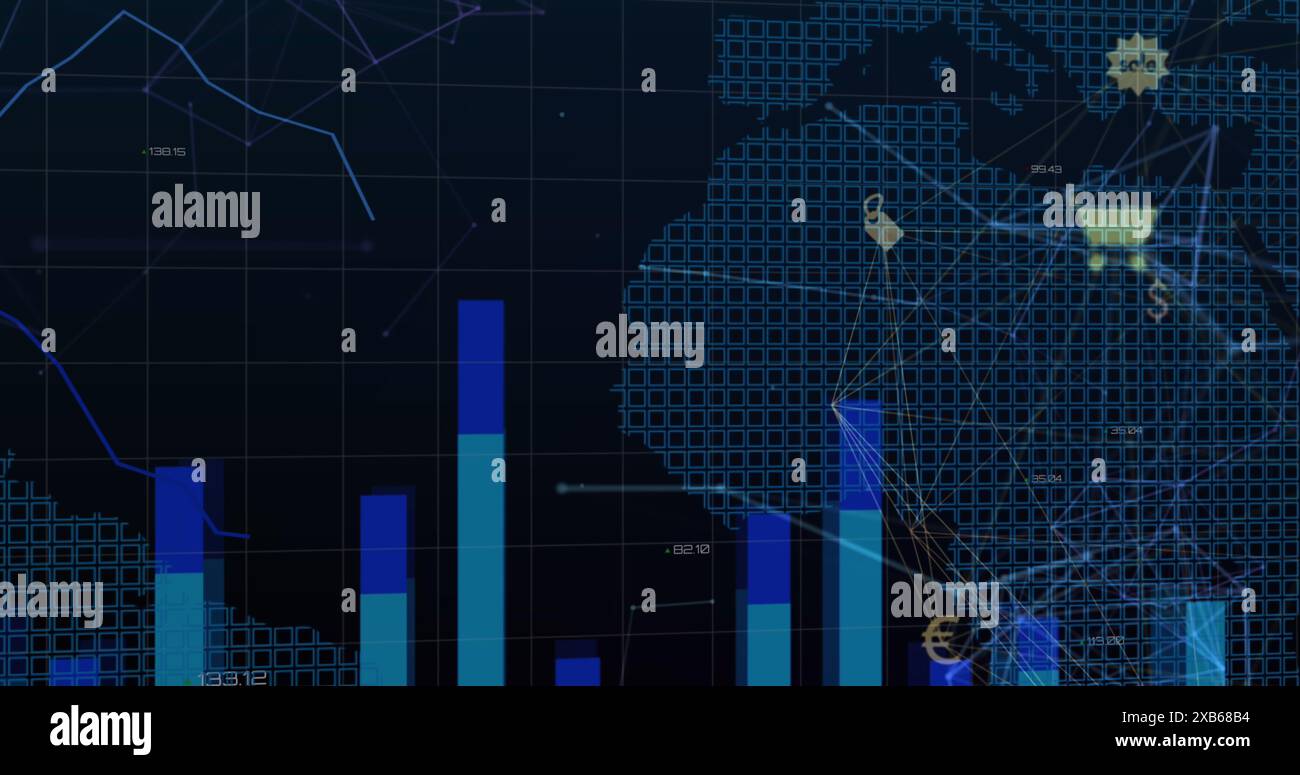 Digitale Datenvisualisierung mit Balkendiagrammen und Weltkarte-Overlay Stockfoto