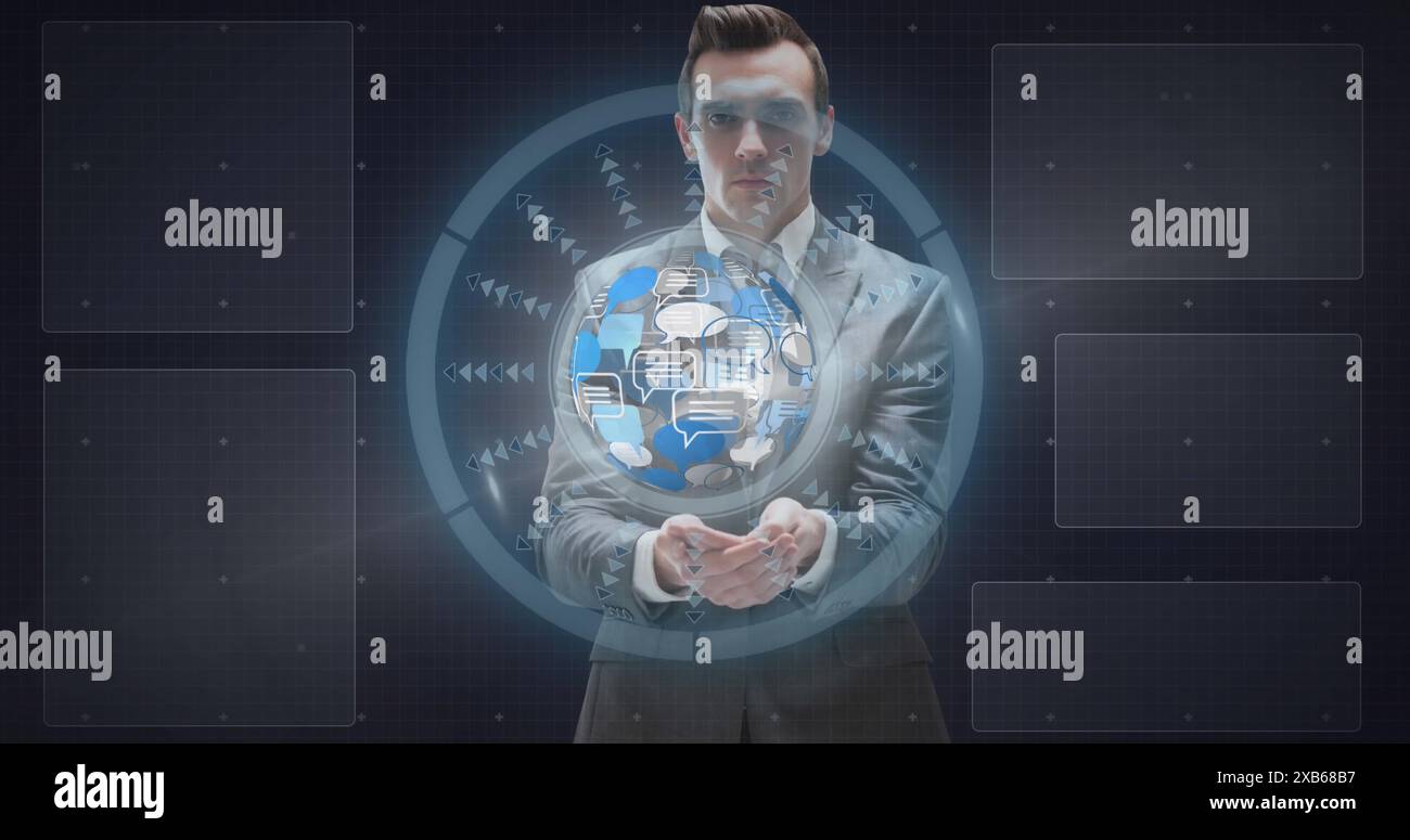 Junger kaukasischer Mann im Anzug, der eine holographische Kugel mit verschiedenen Ikonen hält Stockfoto