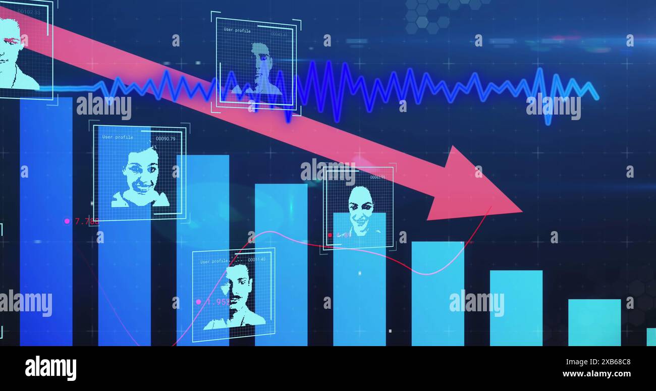 Digitale Gesichter und Diagramme auf dem Bildschirm, die einen Abwärtstrend zeigen Stockfoto