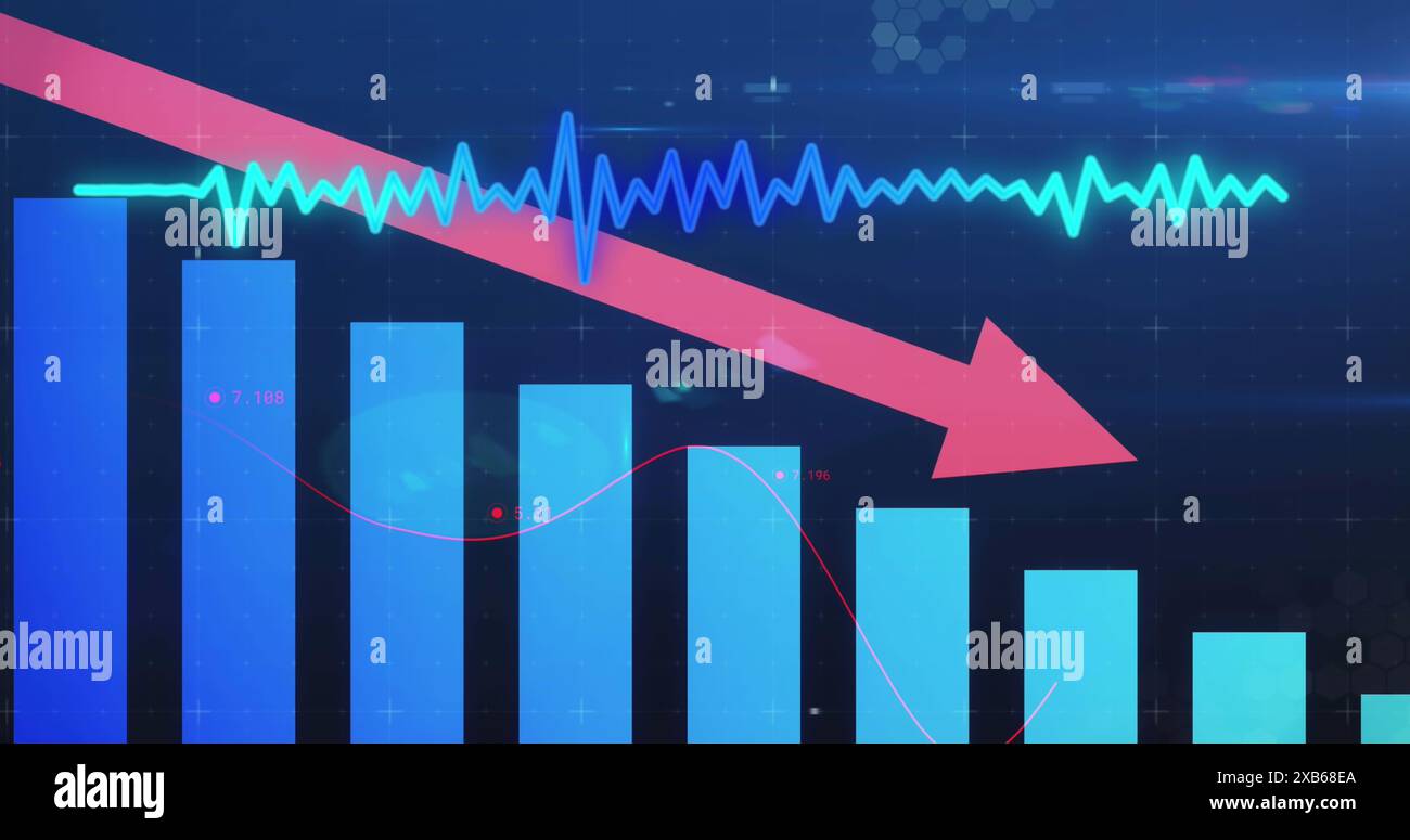 Diagramm mit einem Abwärtstrend mit einem roten Pfeil und blauen Balken Stockfoto